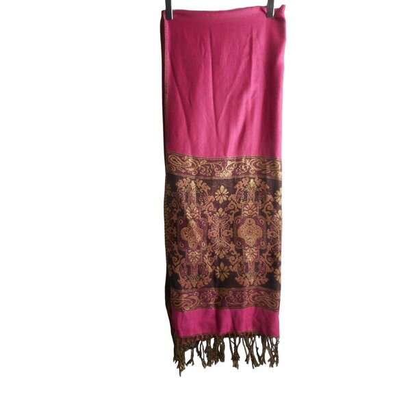 Fuchsia Brown Gold Ornate Paisley rectangle woven scarf w/ knotted fringe - Picture 1 of 3